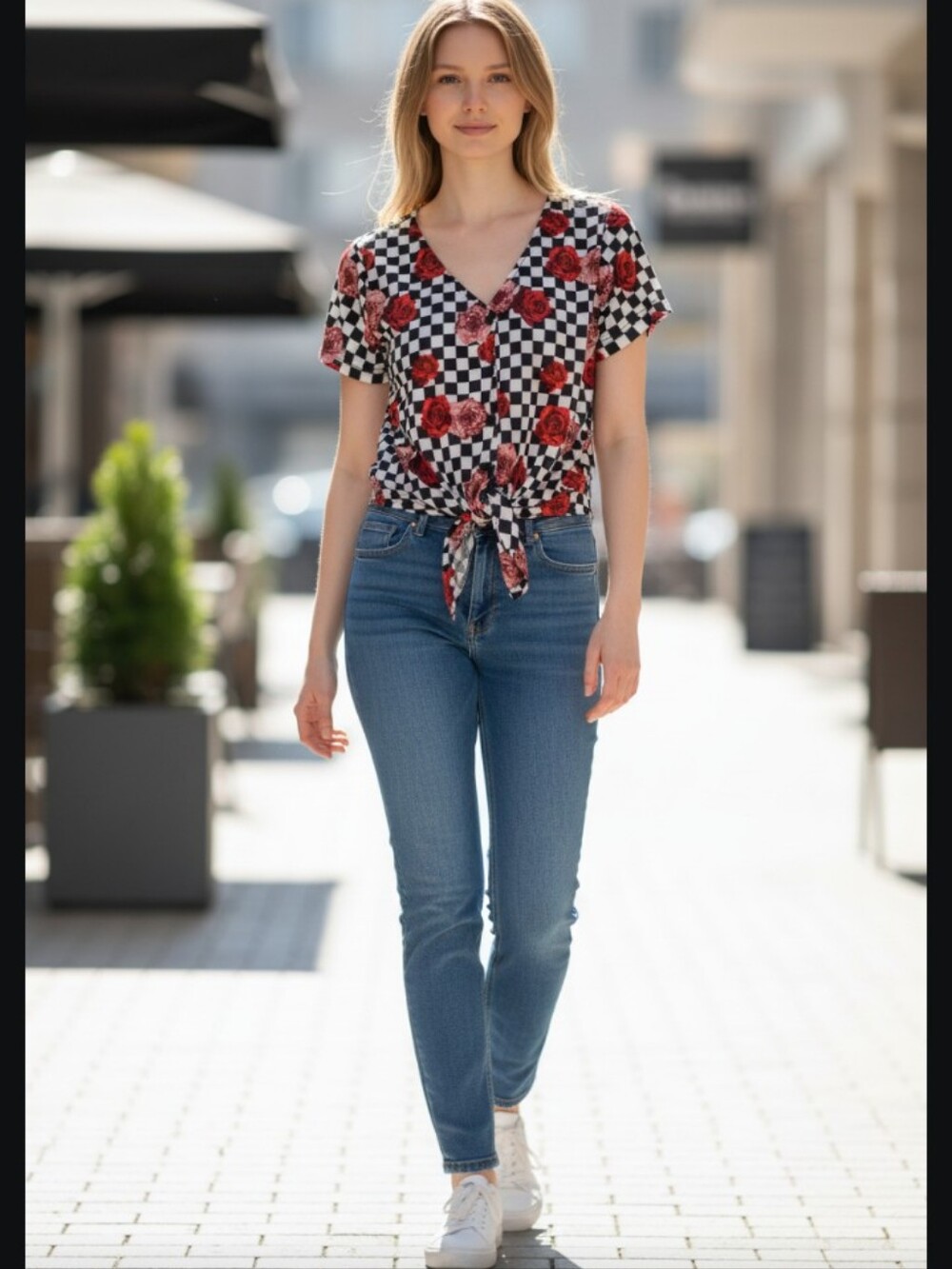 Women's Rue 21  Black & White Checker Rose Tie-Front Top